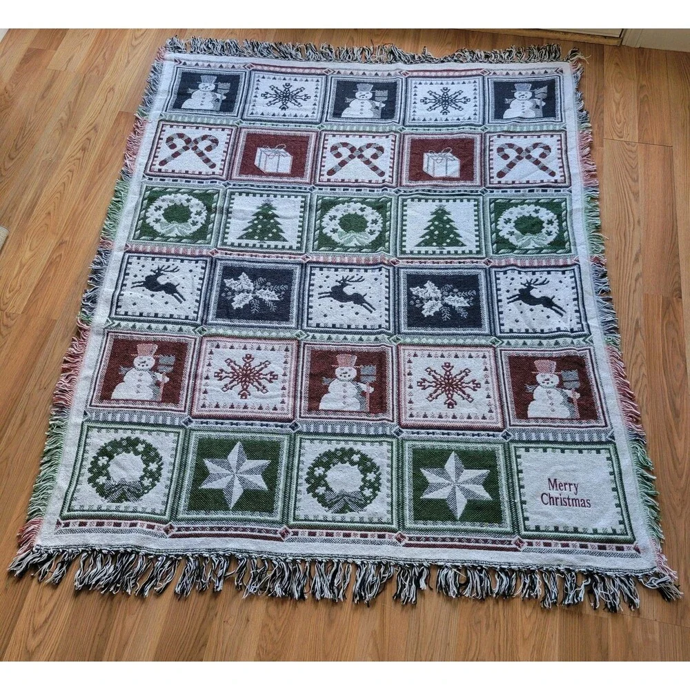 Christmas Afghan Woven Quilt Squares Throw Blanket 60” X 48” Handmade